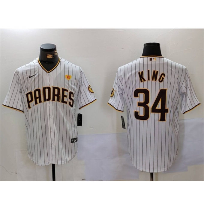 Men's San Diego Padres #34 Michael King White With PS Cool Base Stitched Baseball Jersey