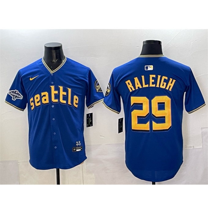 Men's Seattle Mariners #29 Cal Raleigh Royal With 2025 AL West Division Champions City Connect Limited Stitched Baseball Jersey