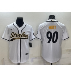 Men's Pittsburgh Steelers #90 TJ Watt White With Patch Cool Base Stitched Baseball Jersey