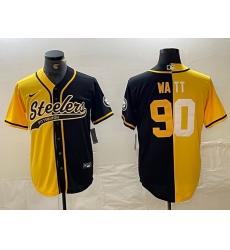 Men's Pittsburgh Steelers #90 TJ Watt Yellow Black Split With Cool Base Stitched Baseball Jersey