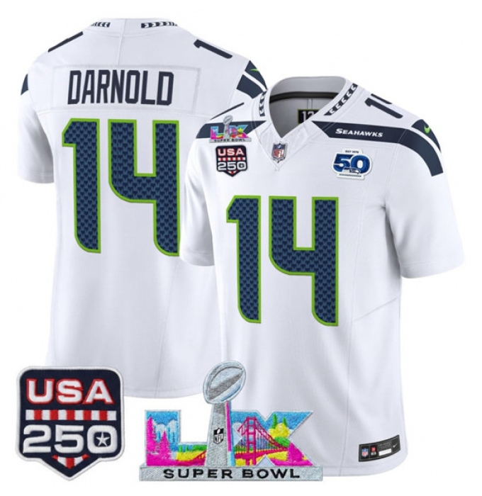 Men's Seattle Seahawks #14 Sam Darnold White 2025 F.U.S.E. Super Bowl LX And 50th Season & USA 250 Vapor Limited Football Stitched Jersey