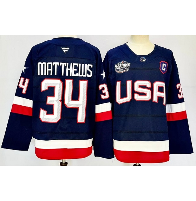 Men's USA #34 Auston Matthews Navy 2025 4 Nations Stitched Jersey