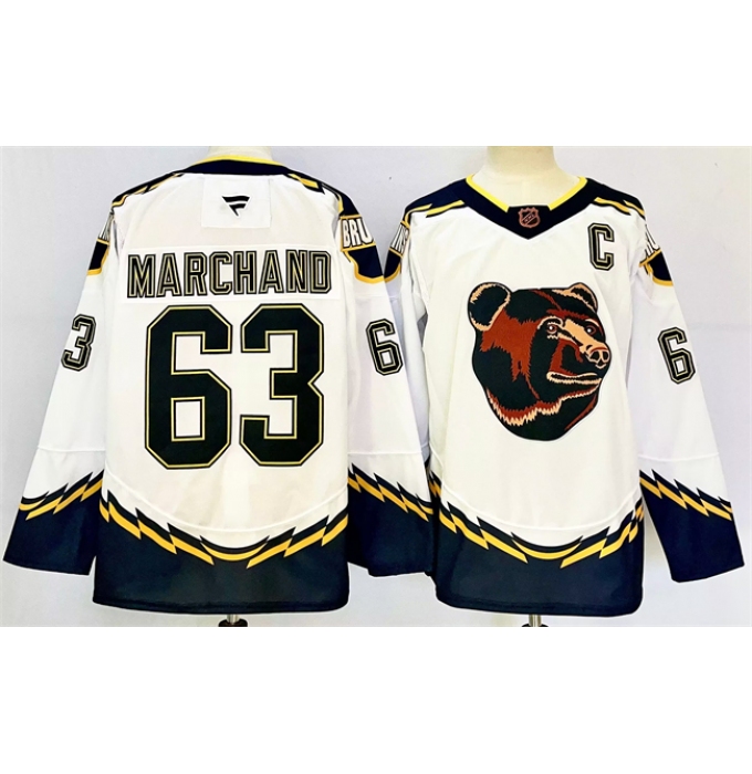 Men's Boston Bruins #63 Brad Marchand White 2024-25 With C Reverse Retro Home Stitched Hockey Jersey