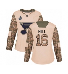 Women's St. Louis Blues #16 Brett Hull Authentic Camo Veterans Day Practice 2019 Stanley Cup Final Bound Hockey Jersey