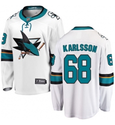 Men's San Jose Sharks #68 Melker Karlsson Fanatics Branded White Away Breakaway NHL Jersey