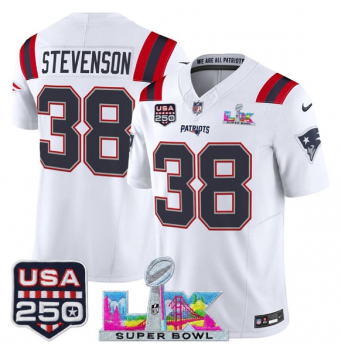 Men's New England Patriots #38 Rhamondre Stevenson White 2025 F.U.S.E. Super Bowl LX And USA 250 Vapor Limited Football Stitched Jersey