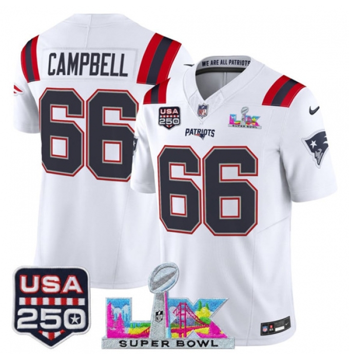 Men's New England Patriots #66 Will Campbell White 2025 F.U.S.E. Super Bowl LX And USA 250 Vapor Limited Football Stitched Jersey