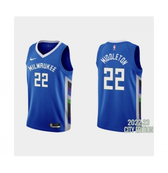 Men's Milwaukee Bucks #22 Khris Middleton 2022-23 City Edition Blue Stitched Basketball Jersey