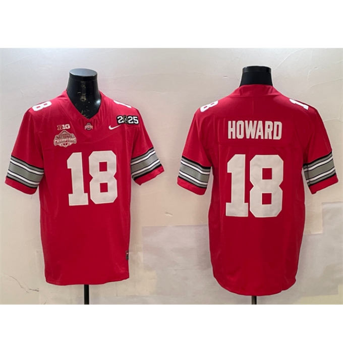 Men's Ohio State Buckeyes #18 Will Howard Red 2025 CFP Final With National Champions F.U.S.E. Vapor Limited Stitched Football Jersey