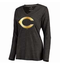 MLB Cincinnati Reds Women's Gold Collection Long Sleeve V-Neck Tri-Blend T-Shirt - Grey
