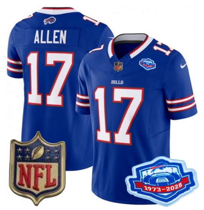 Men's Buffalo Bills 17 Josh Allen Blue 2025 F U S E Farewell Season Gold Shield Patch Stitched Football Jersey