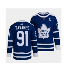 Men's Toronto Maple Leafs Black #91 John Tavares Blue 2022 Reverse Retro Stitched Jersey