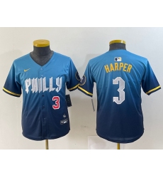 Youth Philadelphia Phillies #3 Bryce Harper Number Blue 2024 City Connect Limited Stitched Jersey
