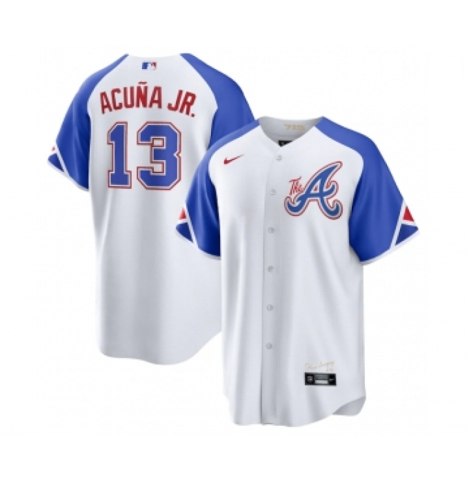 Men's Atlanta Braves #13 Ronald Acuña Jr. White 2023 City Connect Cool Base Stitched Baseball Jersey