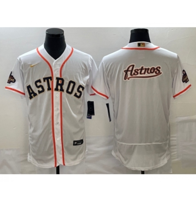 Men's Houston Astros Big Logo 2023 White Gold World Serise Champions Flex Base Stitched Jersey1