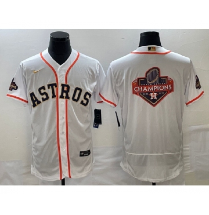 Men's Houston Astros Big Logo 2023 White Gold World Serise Champions Flex Base Stitched Jersey