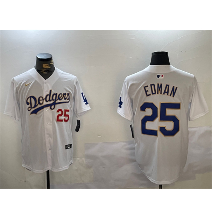 Men's Los Angeles Dodgers #25 Tommy Edman White Gold Home Limited Stitched Baseball Jersey