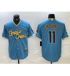 Men's Milwaukee Brewers #11 Jackson Chourio Blue 2022 City Connect Cool Base Stitched Jersey
