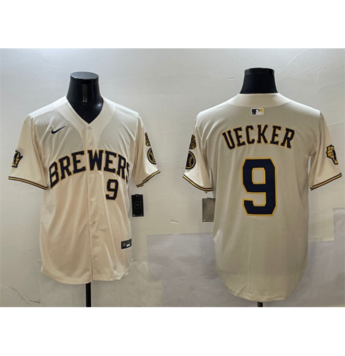 Men's Milwaukee Brewers #9 Bob Uecker Cream With Home Limited Stitched Baseball Jersey