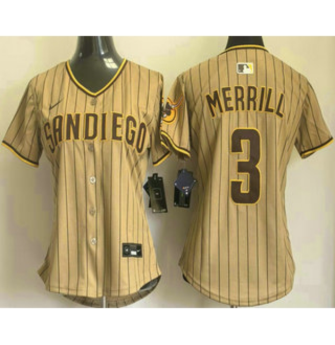 Women's San Diego Padres #3 Jackson Merrill Khaki Pinstripe Limited Stitched Jersey