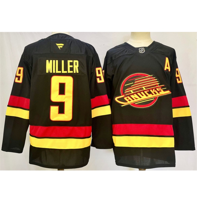 Men's Vancouver Canucks #9 J.T. Miller Black 2024-25 With A Alternate Stitched Hockey Jersey