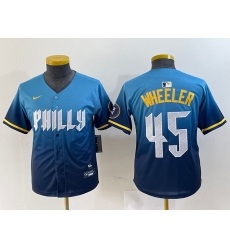 Youth Philadelphia Phillies #45 Zack Wheeler Blue 2024 City Cool Base Stitched Jersey