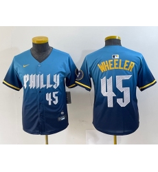 Youth Philadelphia Phillies #45 Zack Wheeler Blue 2024 City Player Number Cool Base Stitched Jersey