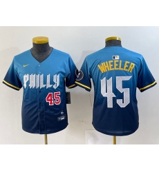Youth Philadelphia Phillies #45 Zack Wheeler Blue 2024 City Player Number Cool Base Stitched Jerseys