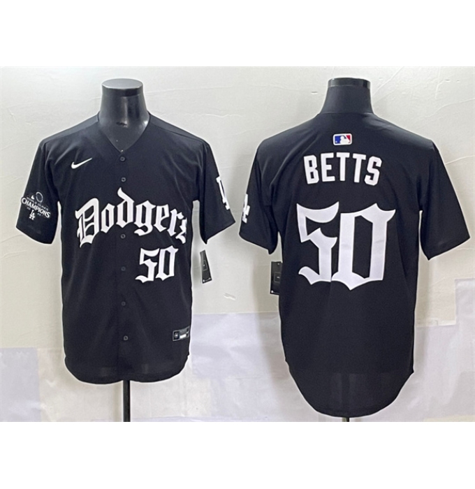 Men's Los Angeles Dodgers #50 Mookie Betts Black 2025 LA Gothic Style With 2024 World Series Champions Vapor Premier Limited Stitched Baseball Jersey