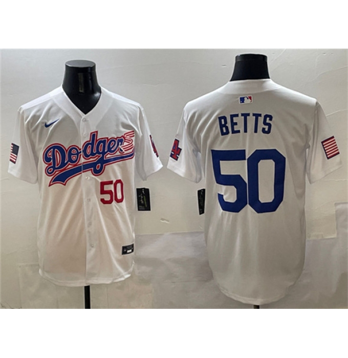 Men's Los Angeles Dodgers #50 Mookie Betts White With American Flag Limited Stitched Baseball Jersey