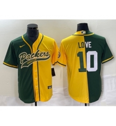 Men's Nike Green Bay Packers #10 Jordan Love Green Yellow Split With Patch Cool Base Stitched Baseball Jersey