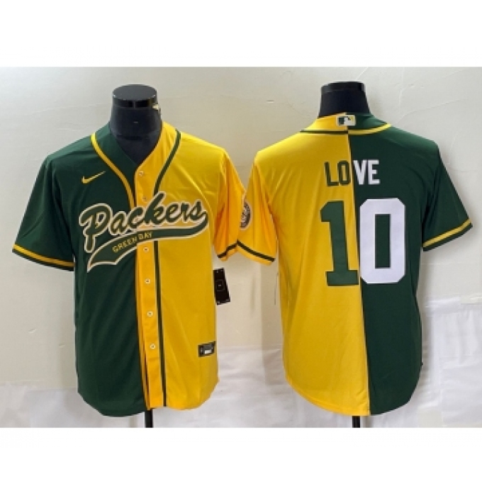 Men's Nike Green Bay Packers #10 Jordan Love Green Yellow Split With Patch Cool Base Stitched Baseball Jersey