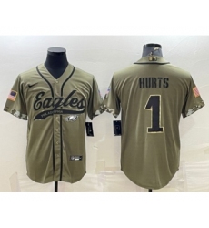 Men's Philadelphia Eagles #1 Jalen Hurts Olive 2022 Salute To Service Cool Base Stitched Baseball Jersey