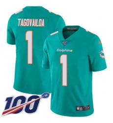 Youth Miami Dolphins #1 Tua Tagovailoa Aqua Green Team Color Stitched 100th Season Vapor Untouchable Limited Jersey