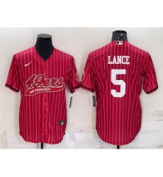 Men's San Francisco 49ers #5 Trey Lance Red Pinstripe With Patch Cool Base Stitched Baseball Jersey