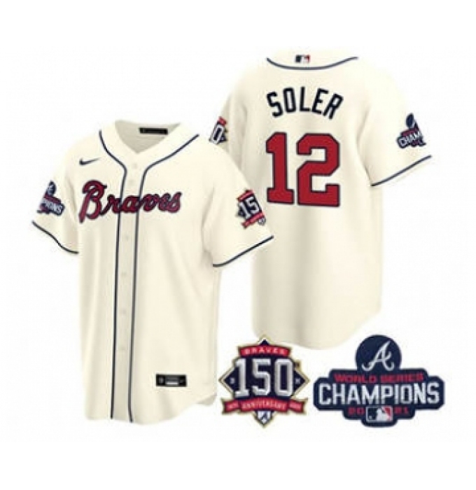 Men's Atlanta Braves #12 Jorge Soler 2021 Cream World Series Champions With 150th Anniversary Patch Cool Base Stitched Jersey