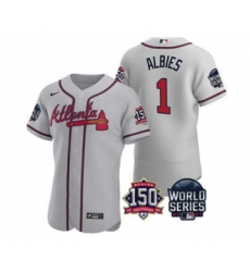 Men's Atlanta Braves #1 Ozzie Albies 2021 Gray World Series Flex Base With 150th Anniversary Patch Baseball Jersey