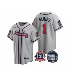 Men's Atlanta Braves #1 Ozzie Albies 2021 Gray World Series With 150th Anniversary Patch Cool Base Baseball Jersey