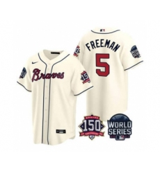 Men's Atlanta Braves #5 Freddie Freeman 2021 Cream World Series With 150th Anniversary Patch Cool Base Baseball Jersey