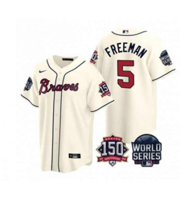 Men's Atlanta Braves #5 Freddie Freeman 2021 Cream World Series With 150th Anniversary Patch Cool Base Baseball Jersey