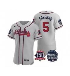 Men's Atlanta Braves #5 Freddie Freeman 2021 Gray World Series Flex Base With 150th Anniversary Patch Baseball Jersey