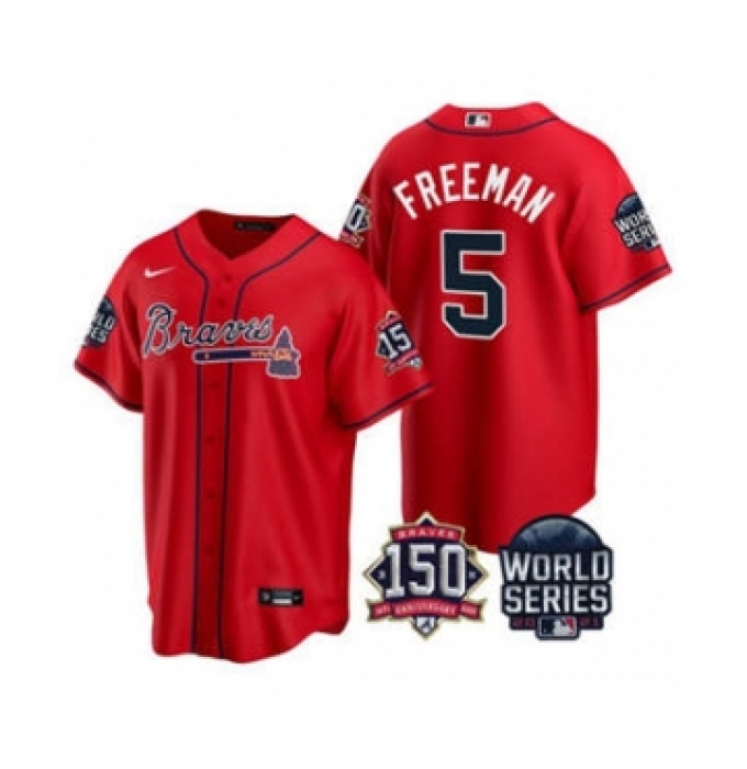 Men's Atlanta Braves #5 Freddie Freeman 2021 Red World Series With 150th Anniversary Patch Cool Base Baseball Jersey