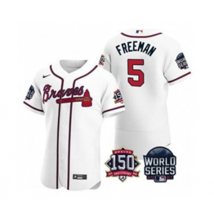 Men's Atlanta Braves #5 Freddie Freeman 2021 White World Series Flex Base With 150th Anniversary Patch Baseball Jersey