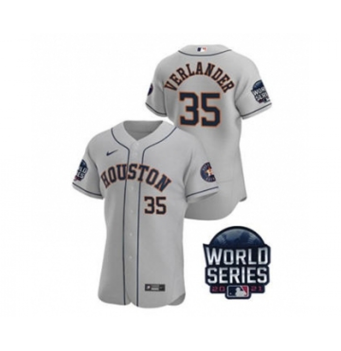 Men's Houston Astros #35 Justin Verlander 2021 Grey World Series Flex Base Stitched Baseball Jersey