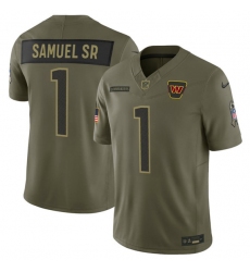 Men's Washington Commanders #1 Deebo Samuel Sr. Olive 2025 Salute to Service Limited Football Stitched Jersey Men's Washington Commanders #1 Deebo Samuel Sr. Olive 2025 Salute to Service Limited Football Stitched Jersey