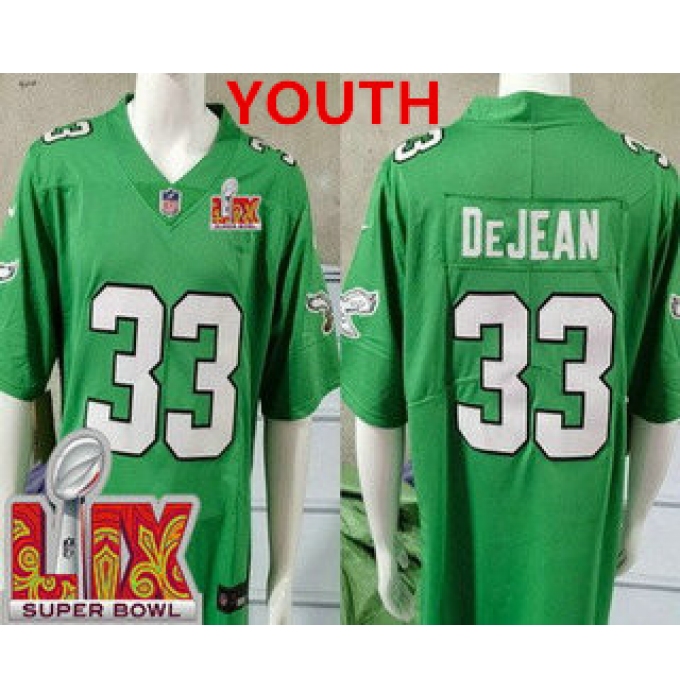 Youth Philadelphia Eagles #33 Cooper DeJean Limited Kelly Green Super Bowl LIX Vapor Jersey