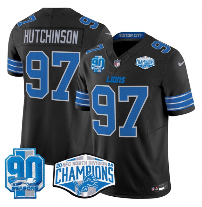 Men's Detroit Lions #97 Aidan Hutchinson Black 2024 NFC North Champions 90th Anniversary F.U.S.E. Vapor Limited Stitched Jersey