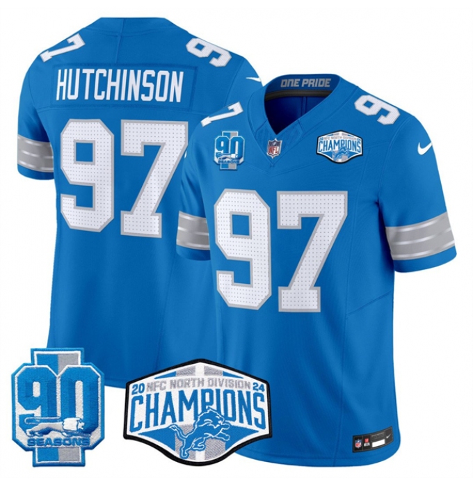 Men's Detroit Lions #97 Aidan Hutchinson Blue 2024 NFC North Champions 90th Anniversary F.U.S.E. Vapor Limited Stitched Jersey