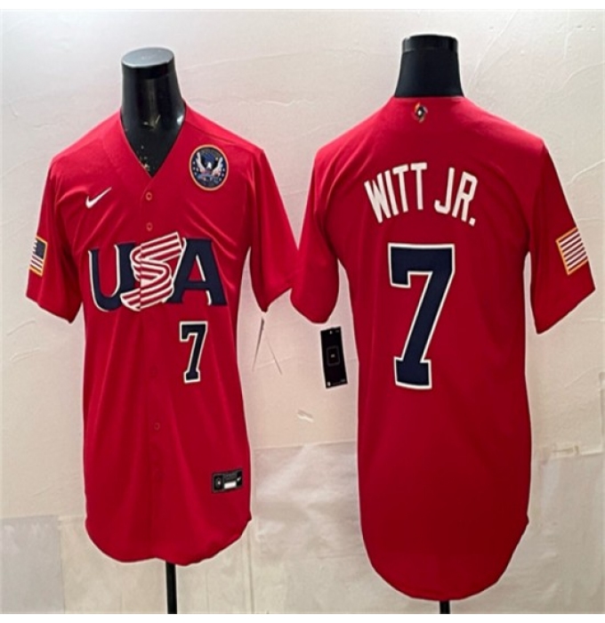 Men's USA Baseball #7 Bobby Witt Jr. Red 2026 World Baseball Classic United States 250th Anniversary Stadium Stitched Jersey