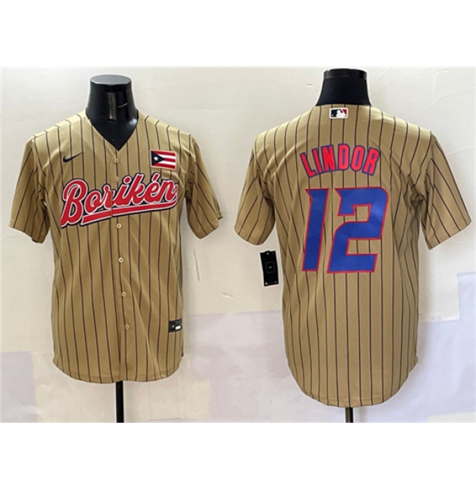 Men's Puerto Rico Baseball #12 Francisco Lindor Tan 2023 World Baseball Classic Stitched Jersey